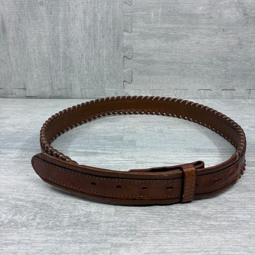 SIMCO Western Leather Belt Mens 38 Silver Braided Leather Detail 1032